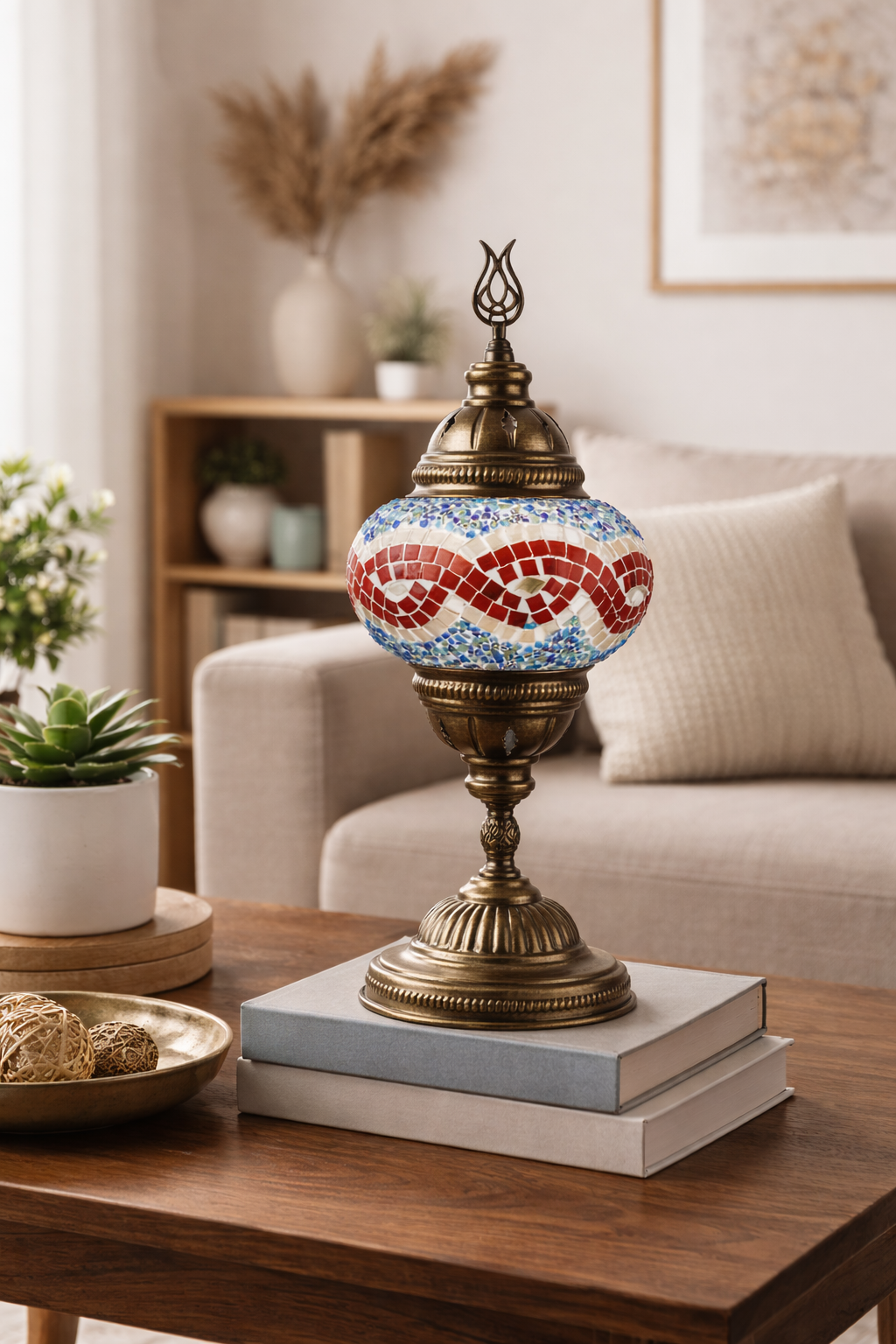 🌿 Handmade Turkish Mosaic Lamps | Spring–Summer Bestseller: Multicolor w/Red Waves
