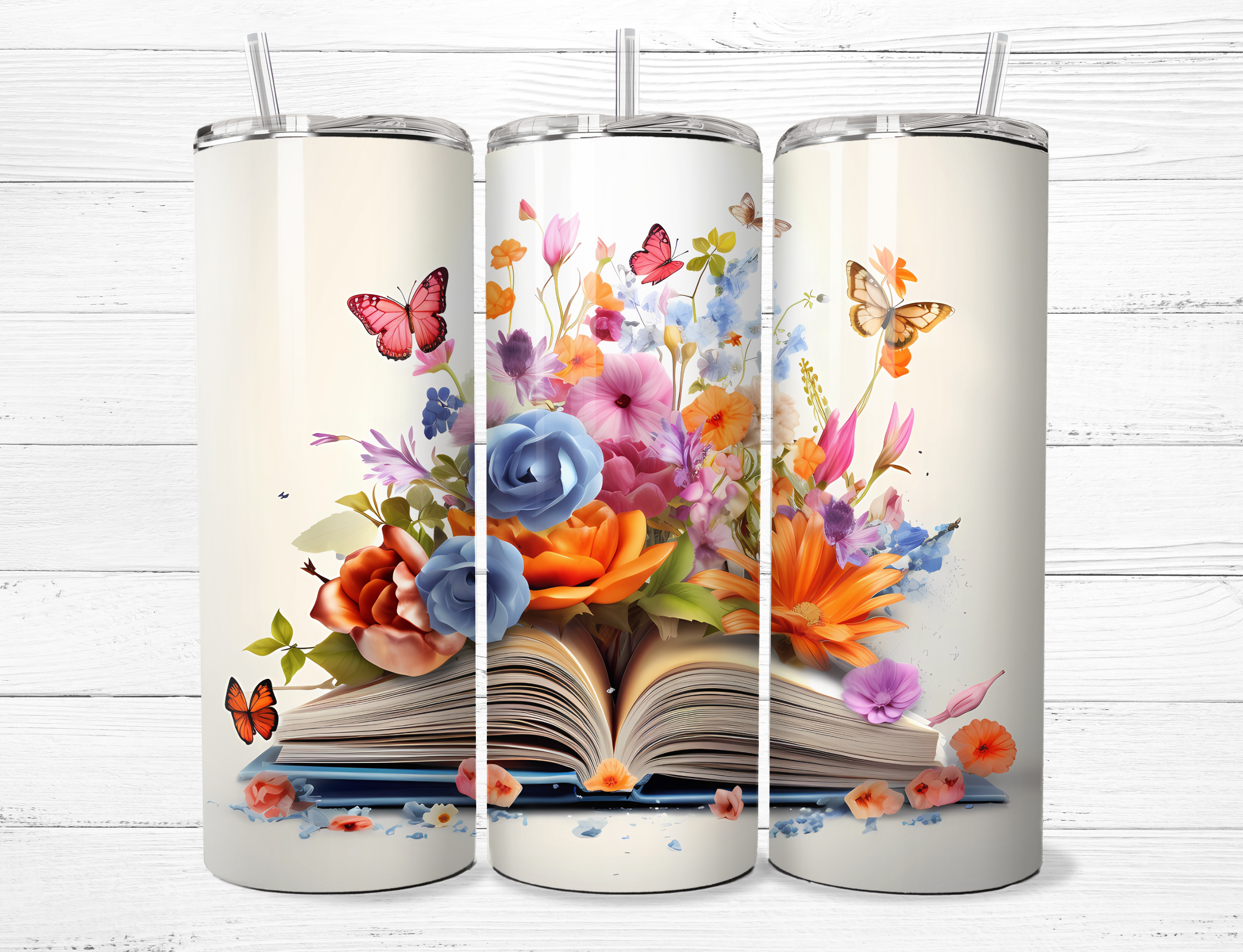 Open Book-Butterfly, Flowers Tumbler