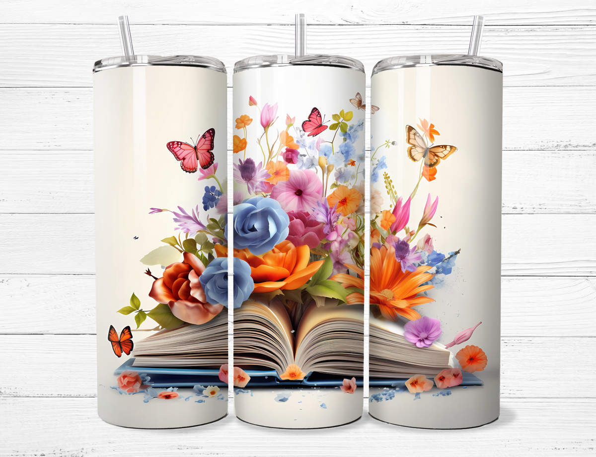 Open Book-Butterfly, Flowers Tumbler