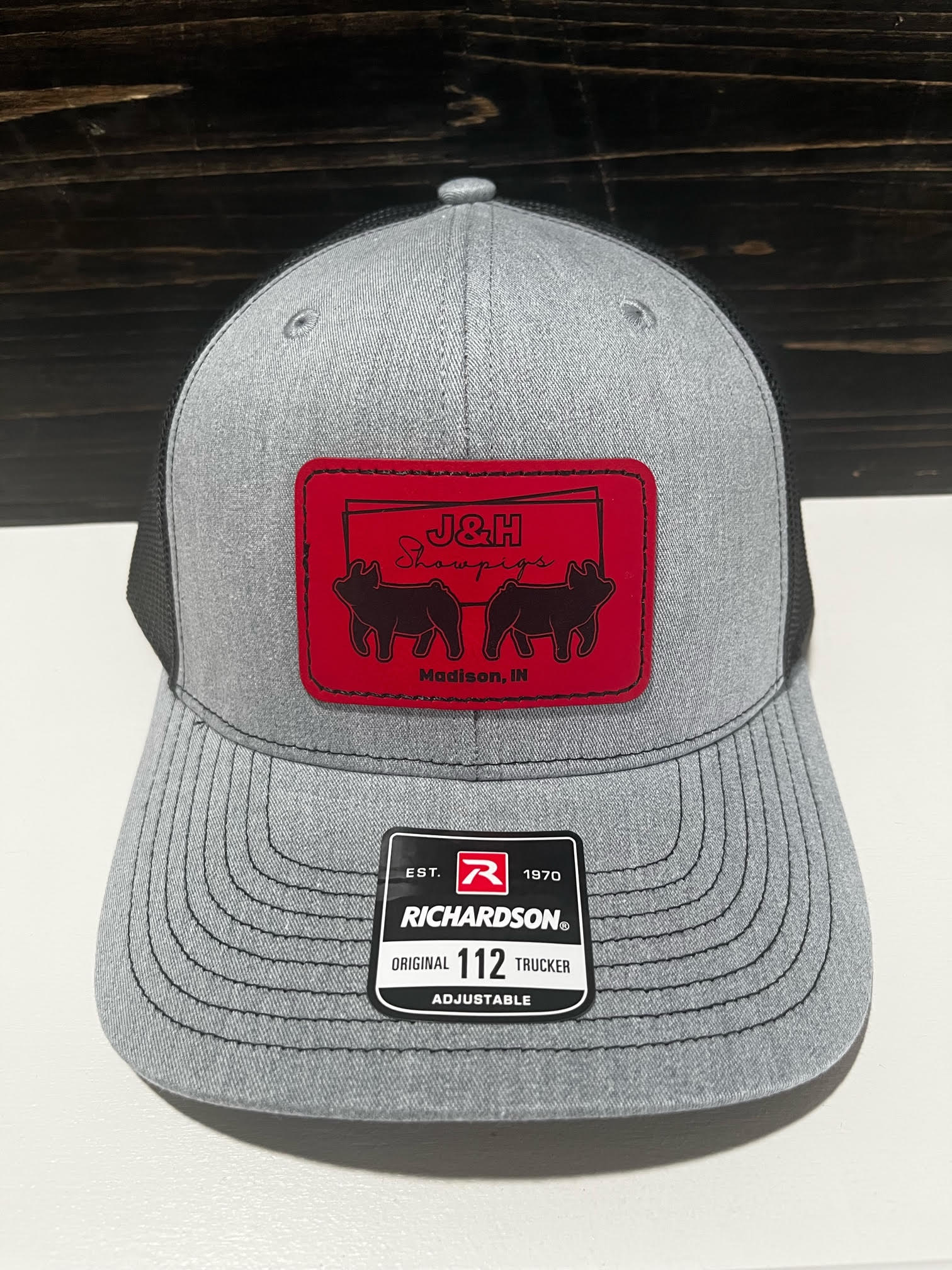 J&H Showpigs Hat—gray with red rectangle patch