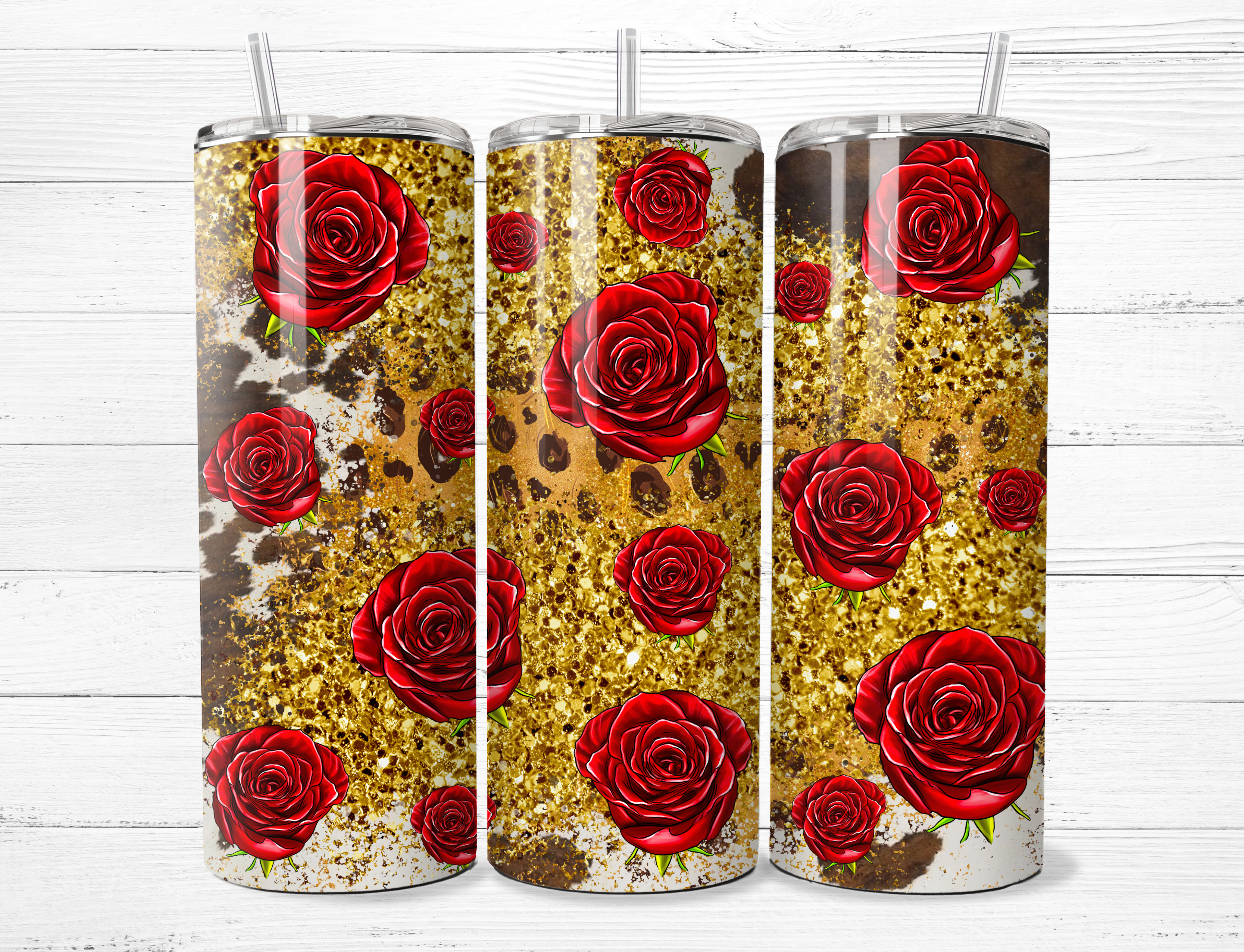 Glitter Animal Print Red Roses Tumbler