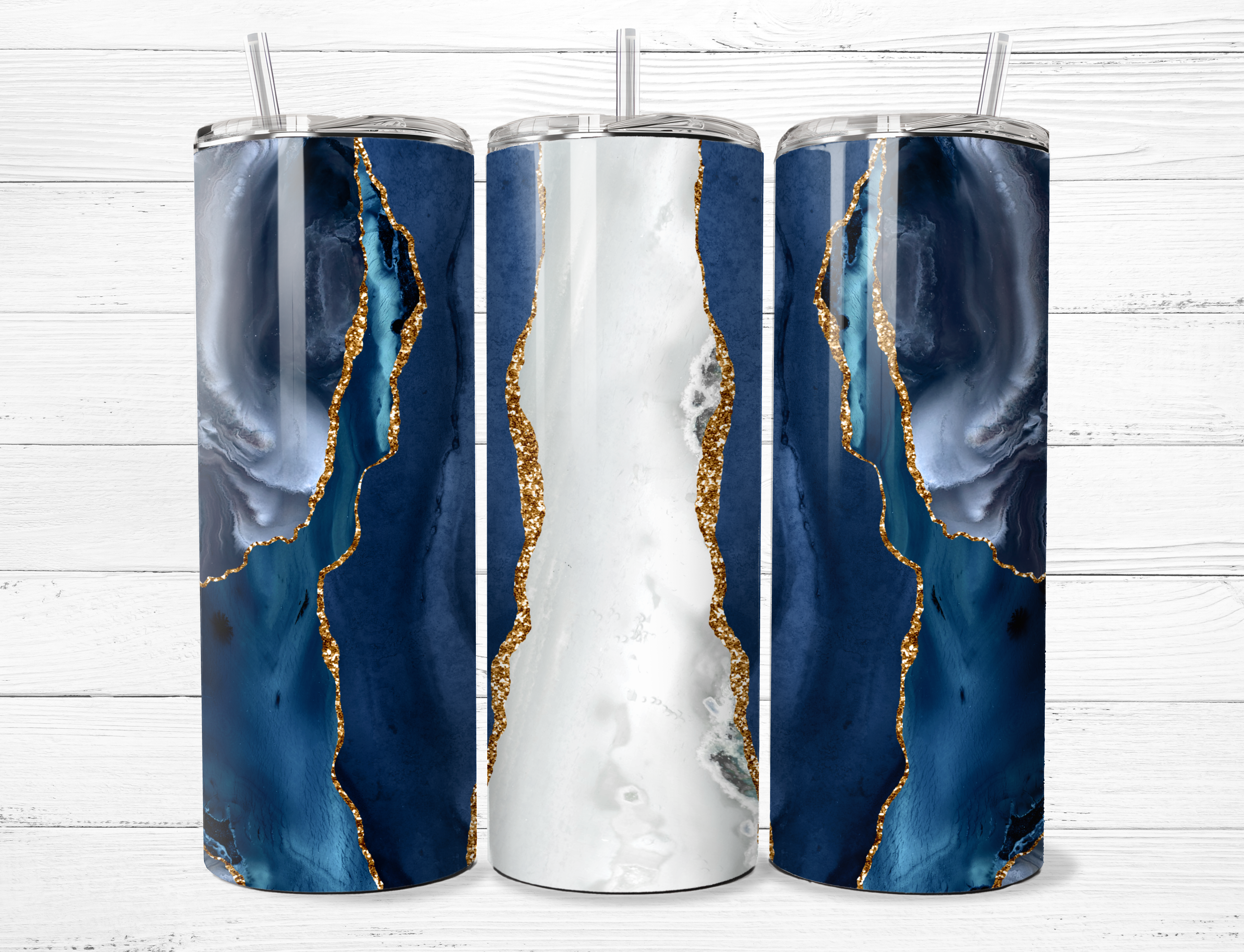 Blue, White, Gold Marble Tumbler