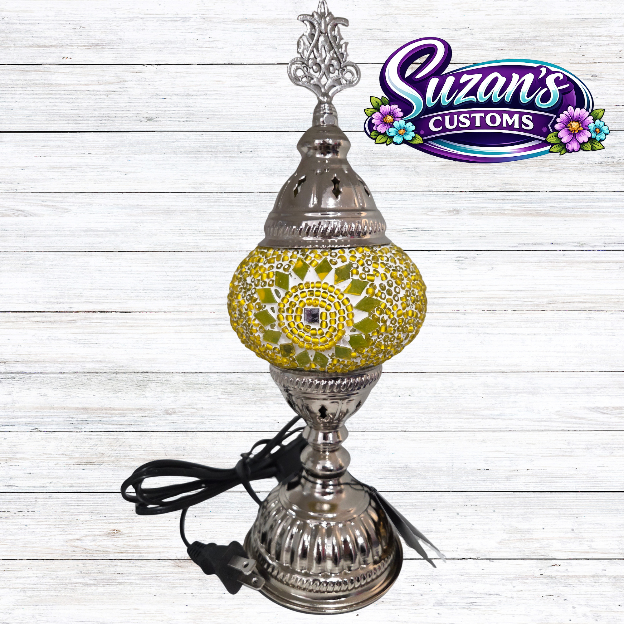 86107: 3" PRESSED MOSAIC SHADE "NIGHTLIGHT" TABLE LAMP - SIL: Yellow