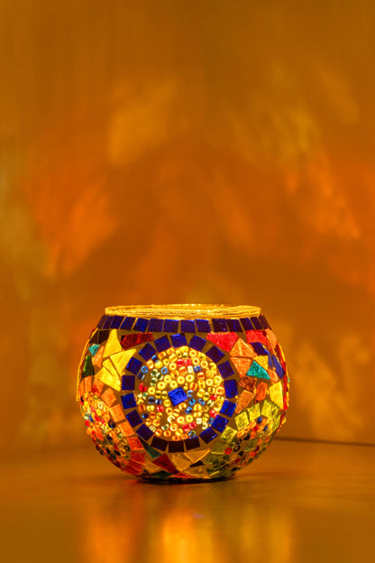 KAFTHAN Large Mosaic Glass Candle Holder: Turquoise Triple Circle