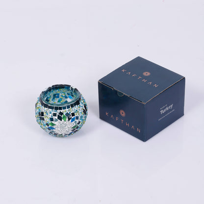 KAFTHAN Large Mosaic Glass Candle Holder: Turquoise Triple Circle