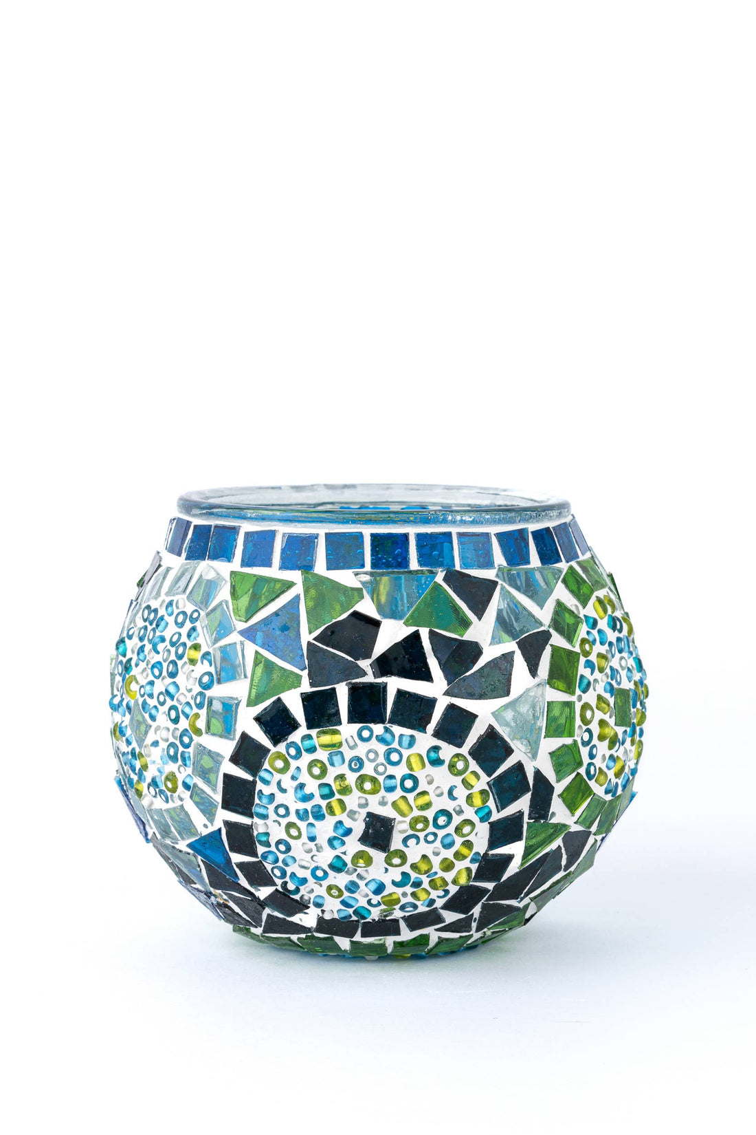 KAFTHAN Large Mosaic Glass Candle Holder: Turquoise Triple Circle