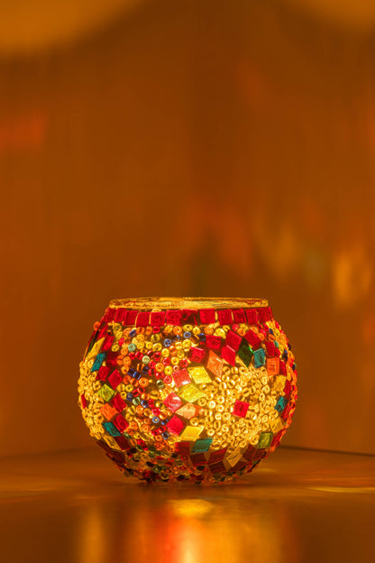 KAFTHAN Large Mosaic Glass Candle Holder: Blue Center Circle w/Star