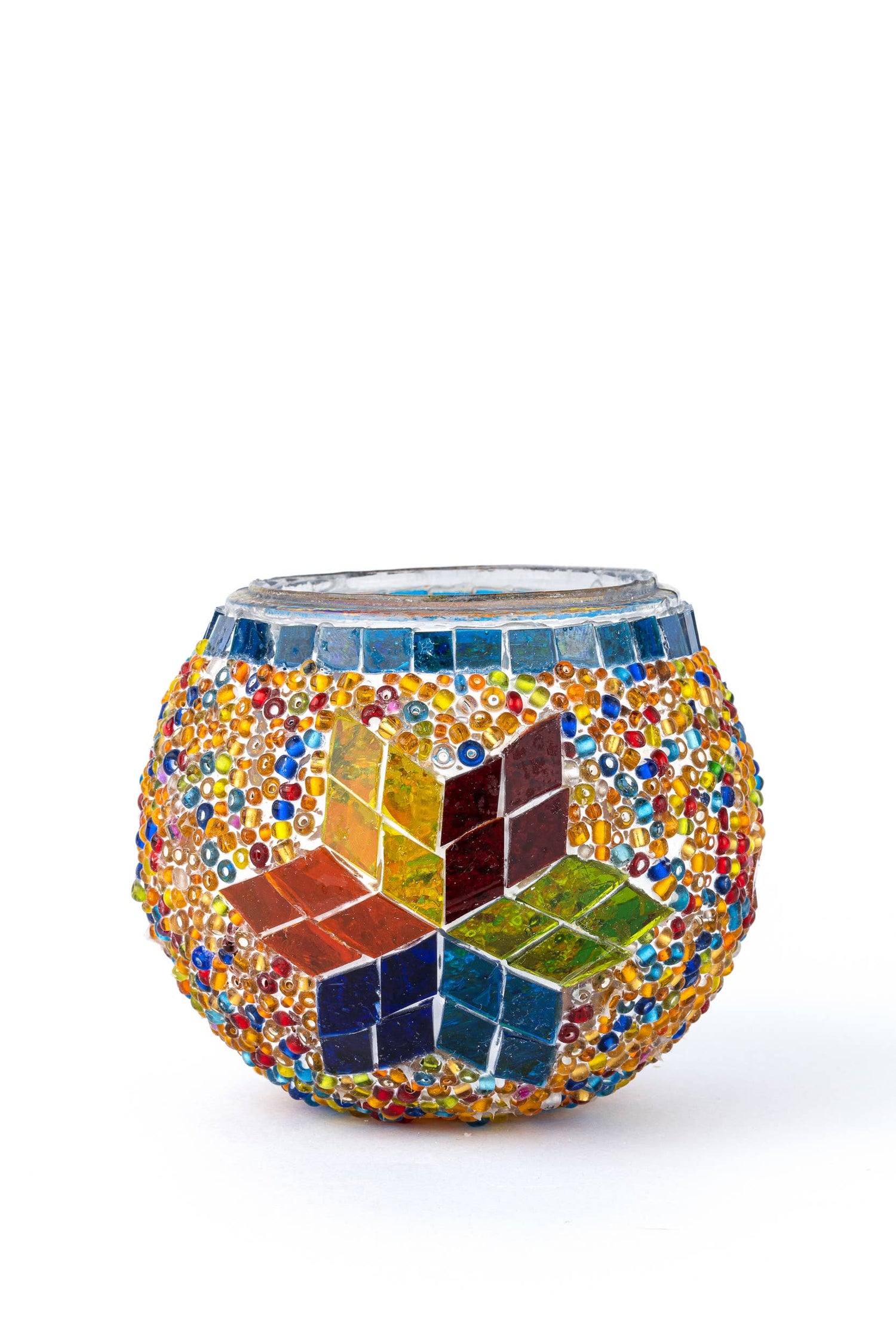 KAFTHAN Large Mosaic Glass Candle Holder: Turquoise Triple Circle