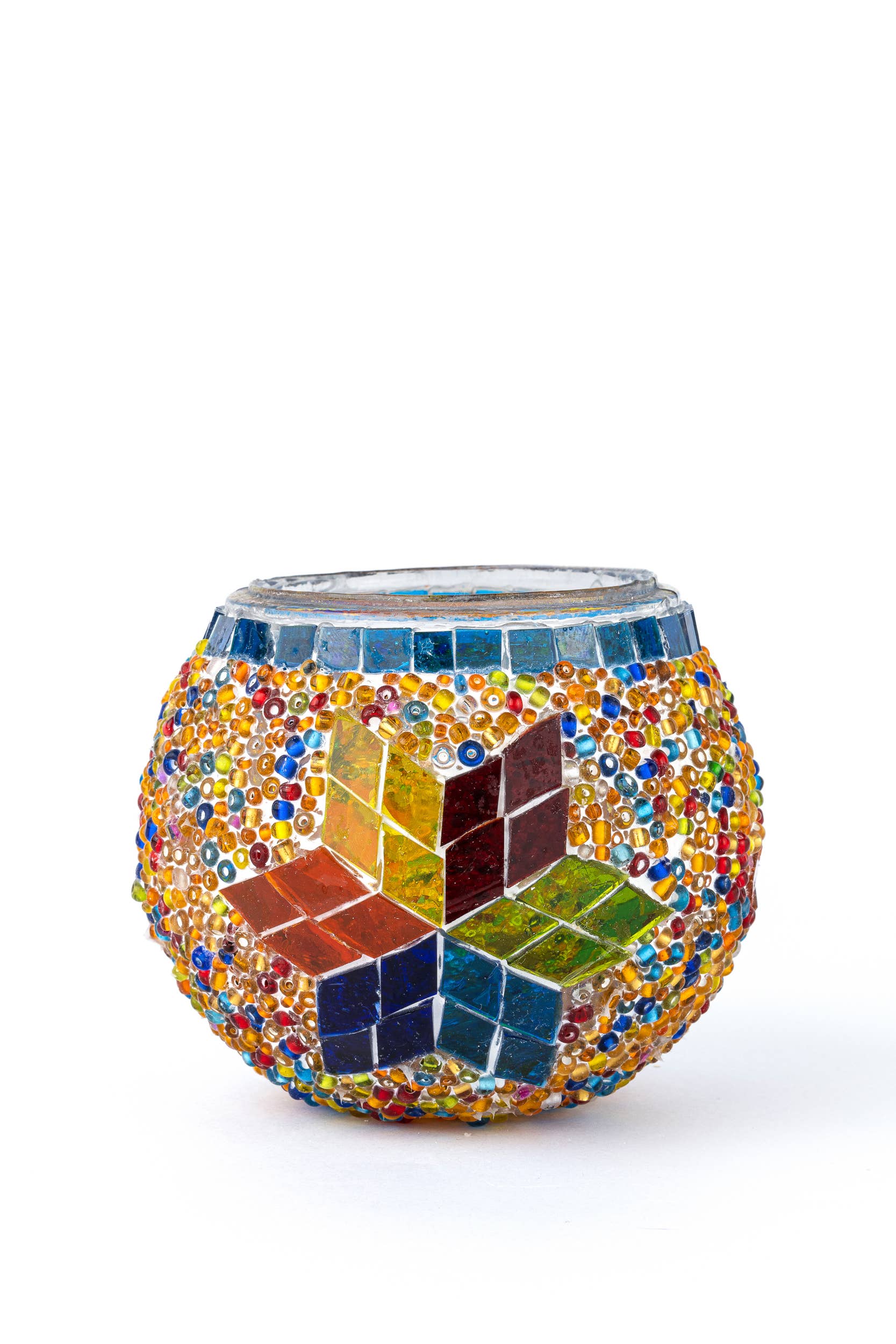 KAFTHAN Large Mosaic Glass Candle Holder: Blue Center Circle w/Star
