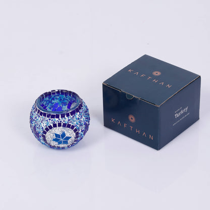 KAFTHAN Large Mosaic Glass Candle Holder: Blue Center Circle w/Star
