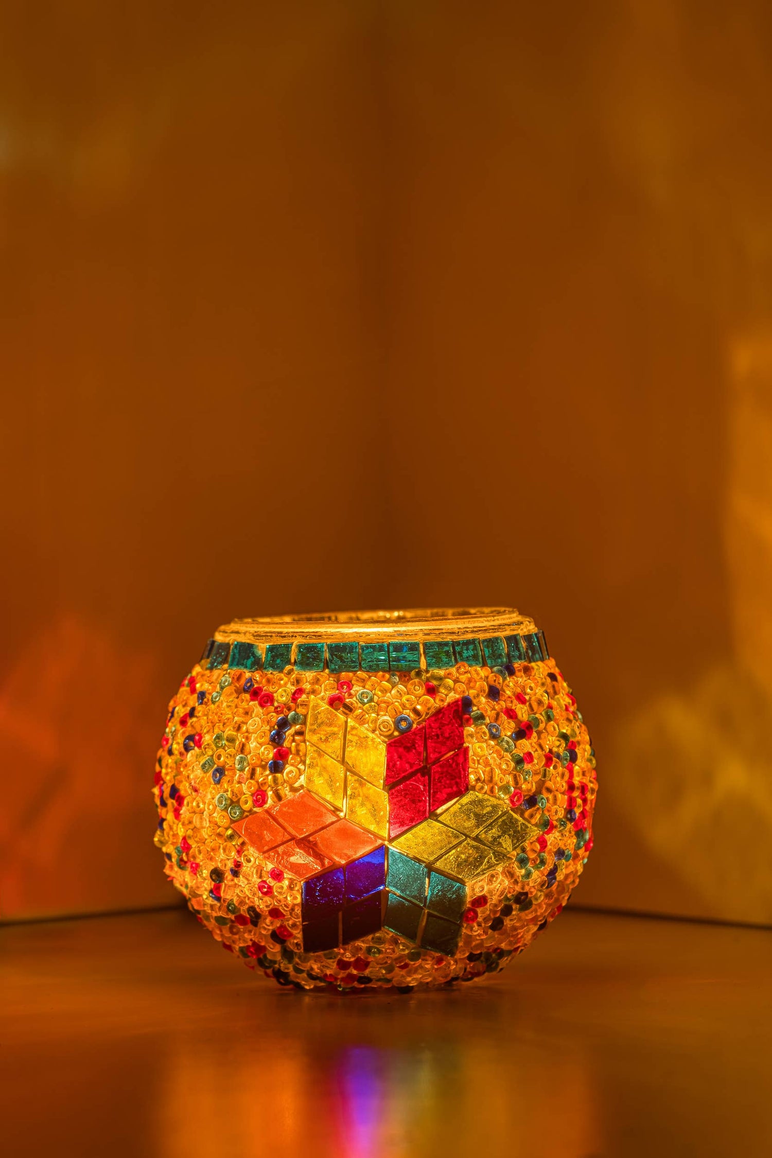 KAFTHAN Large Mosaic Glass Candle Holder: Turquoise Triple Circle
