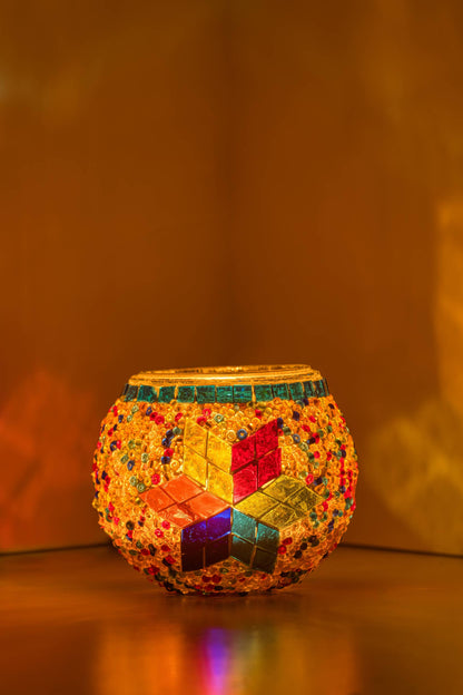 KAFTHAN Large Mosaic Glass Candle Holder: Turquoise Triple Circle