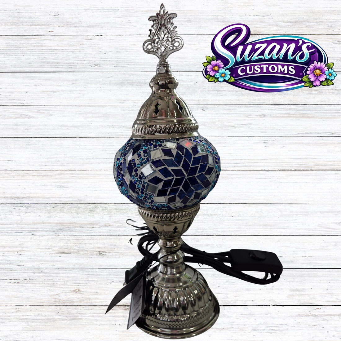 86107: 3" PRESSED MOSAIC SHADE "NIGHTLIGHT" TABLE LAMP - SIL: Blue