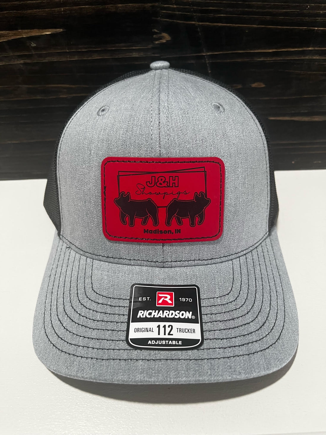 J&amp;H Showpigs Hat—gray with red rectangle patch