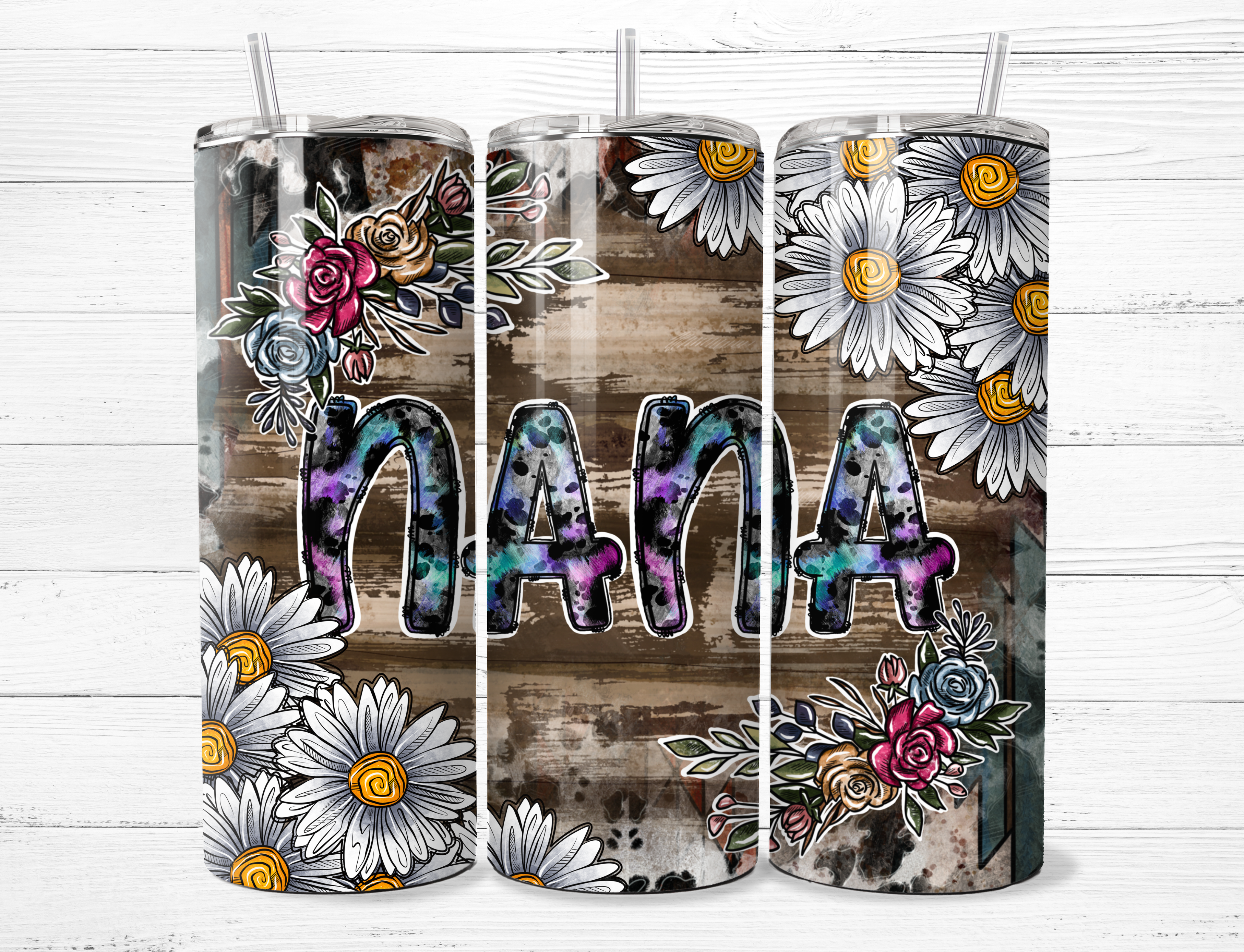 Wooden Nana with Flowers Tumbler