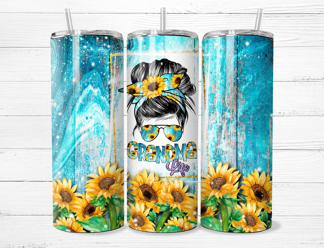 Grandma Life, Messy Bun, Sunflowers Tumbler