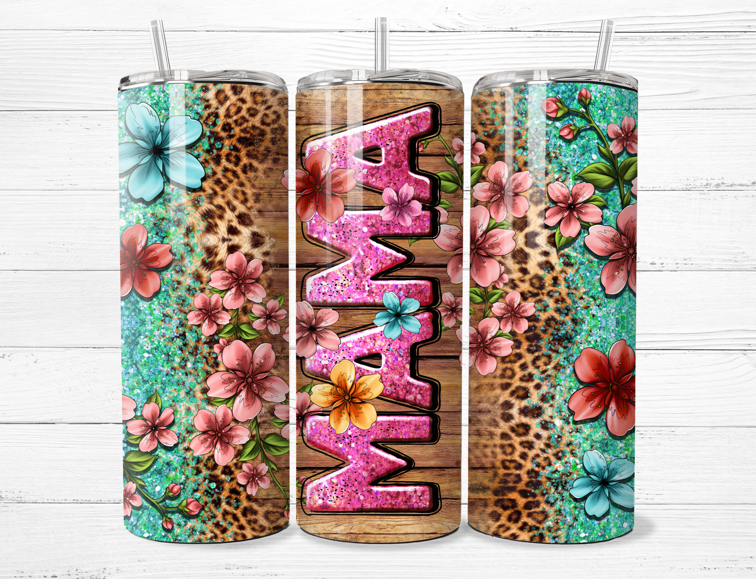 Floral Mama with Pink Letters Tumbler