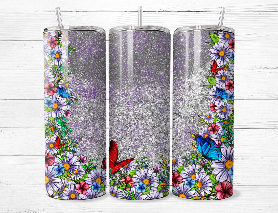 Silver Glitter, Butterflies and Flowers Tumbler