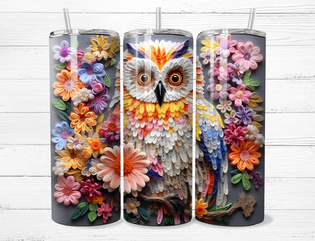 3D Owl and Flowers Tumbler