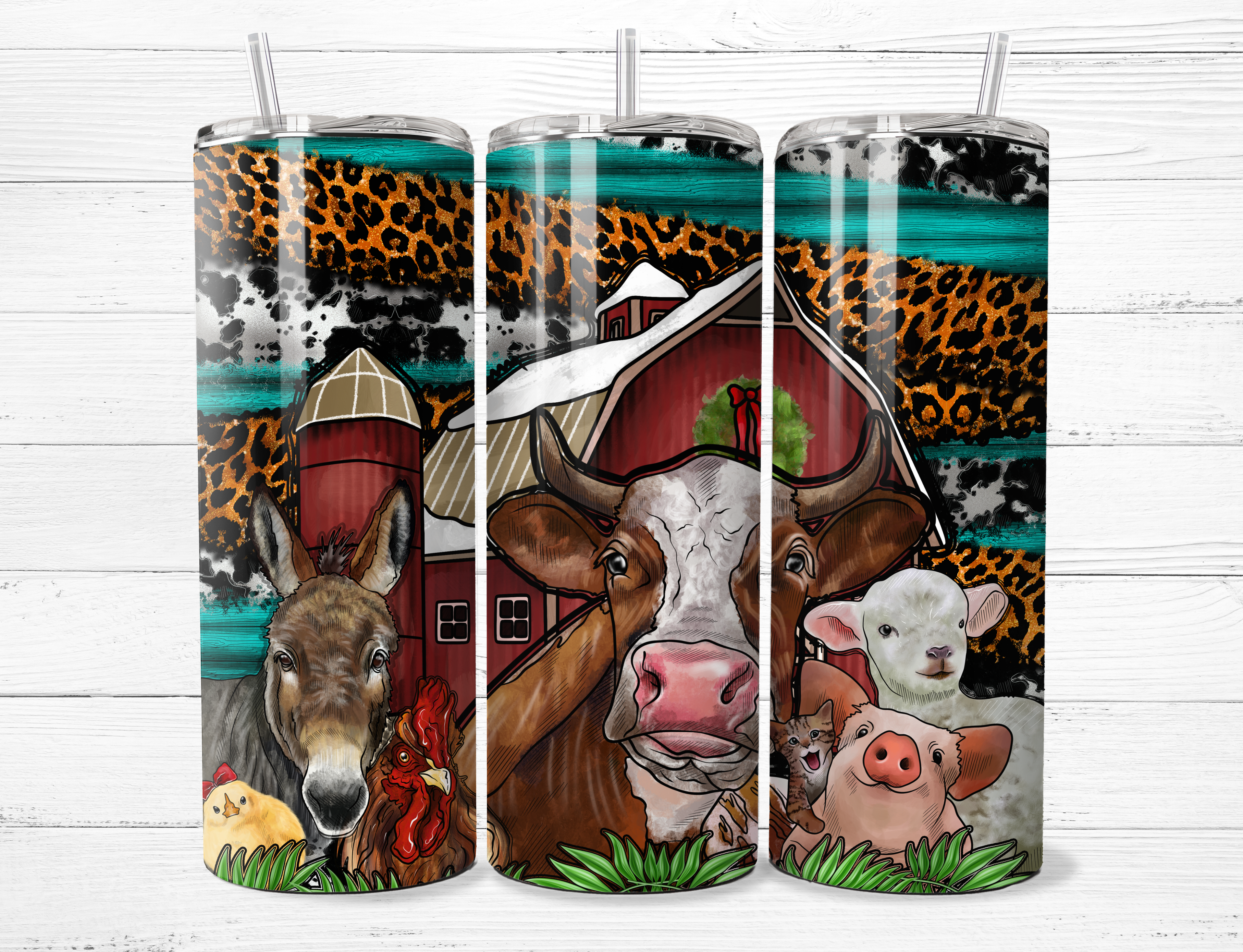 Farm Animals, Red Barn and Animal Print Tumbler