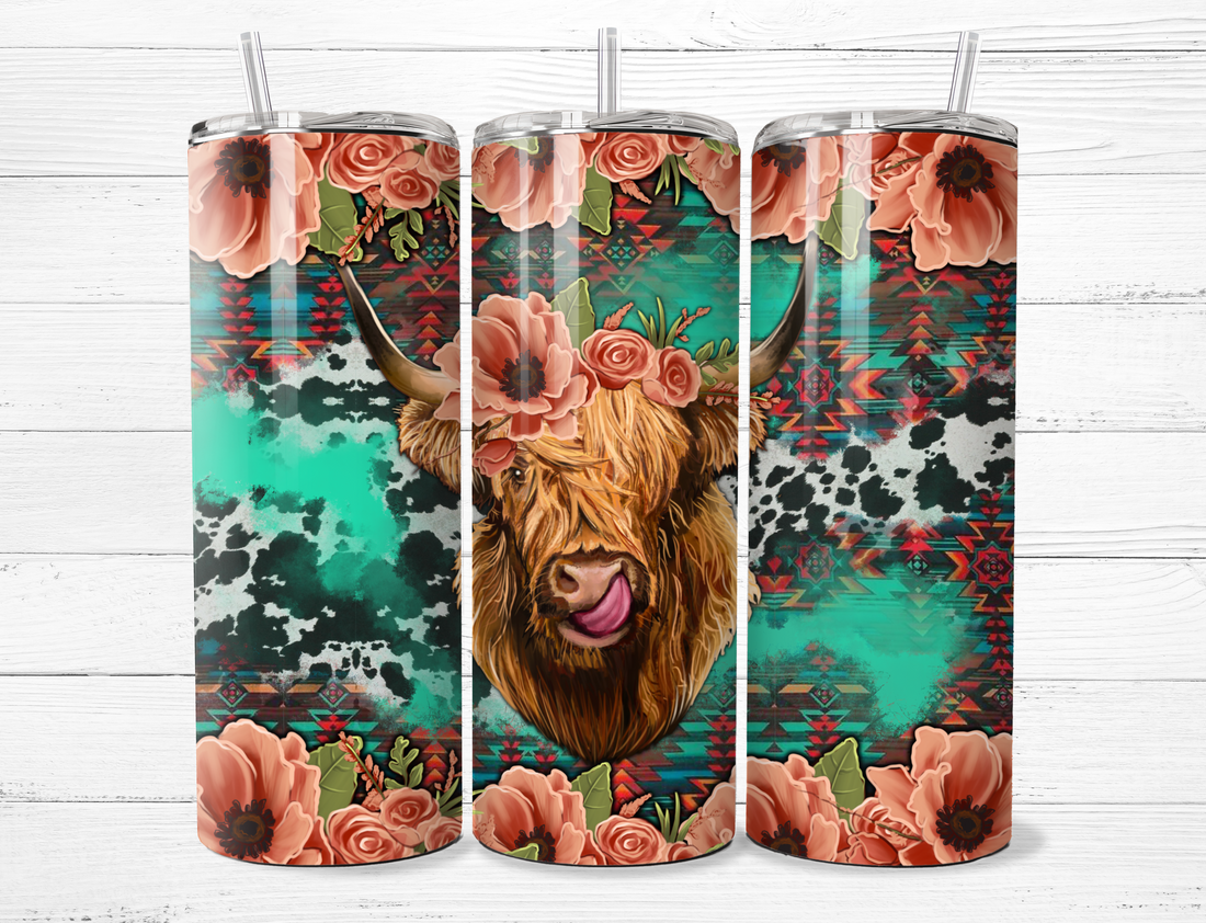 Floral Highland Cow Tumbler