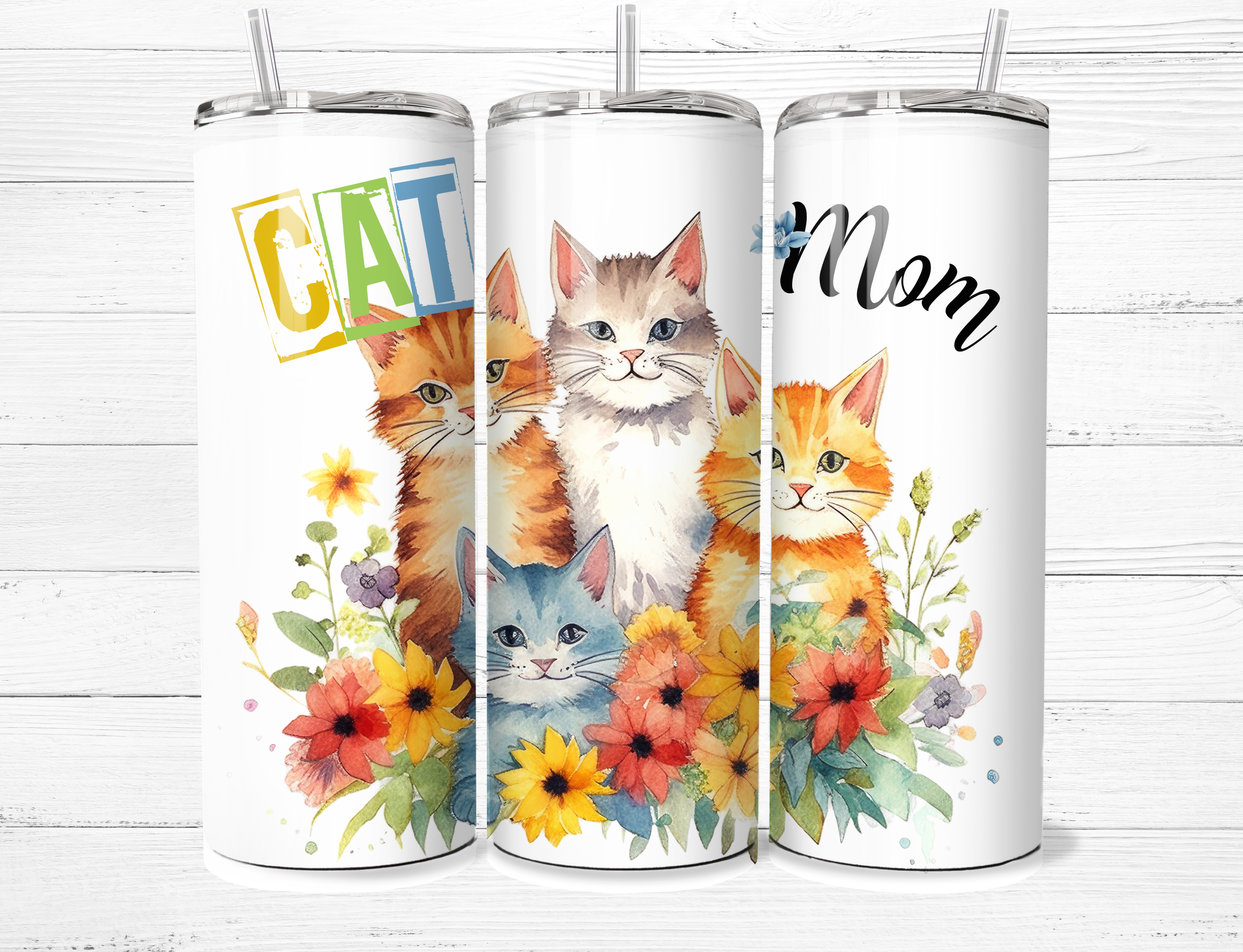 Cat Mom, Cats and Flowers Tumbler