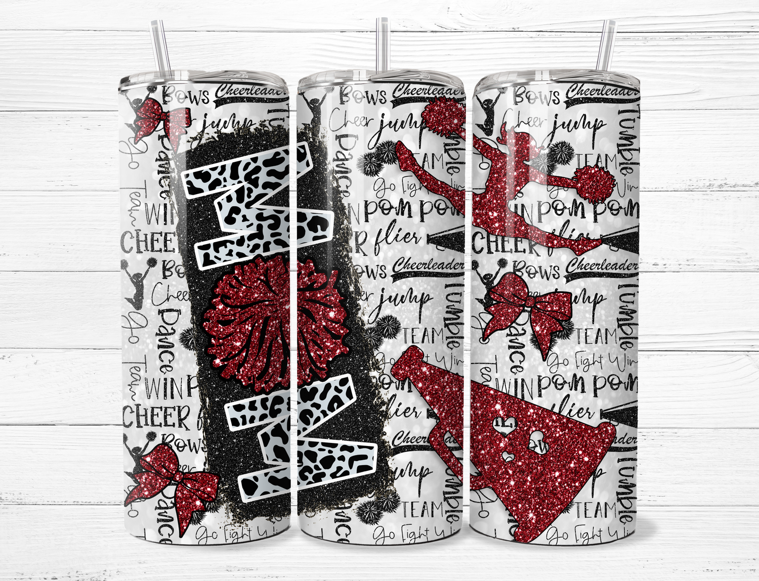 Cheer Mom, red glitter letters Tumbler