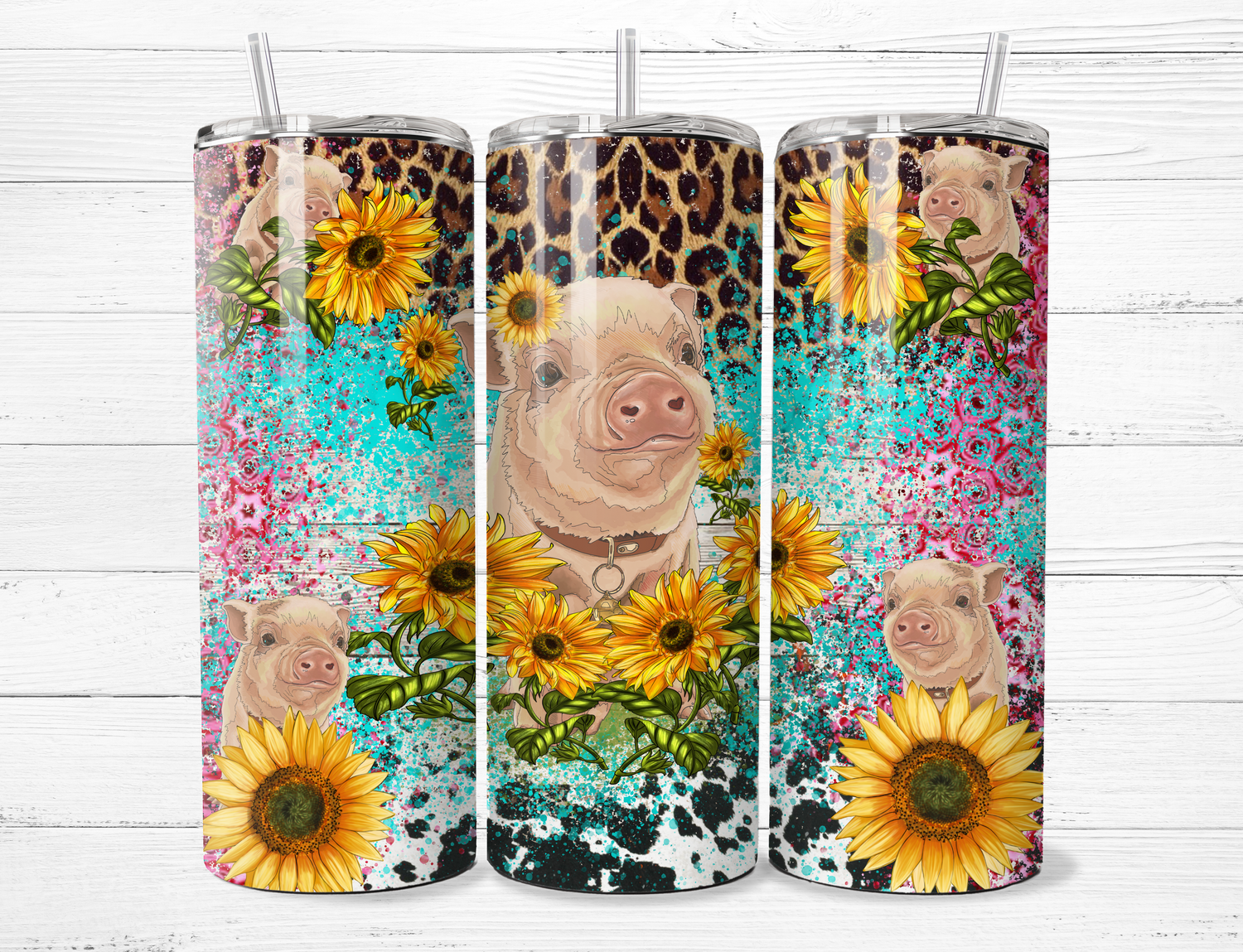Piggy with Sunflowers and Animal Print Tumbler