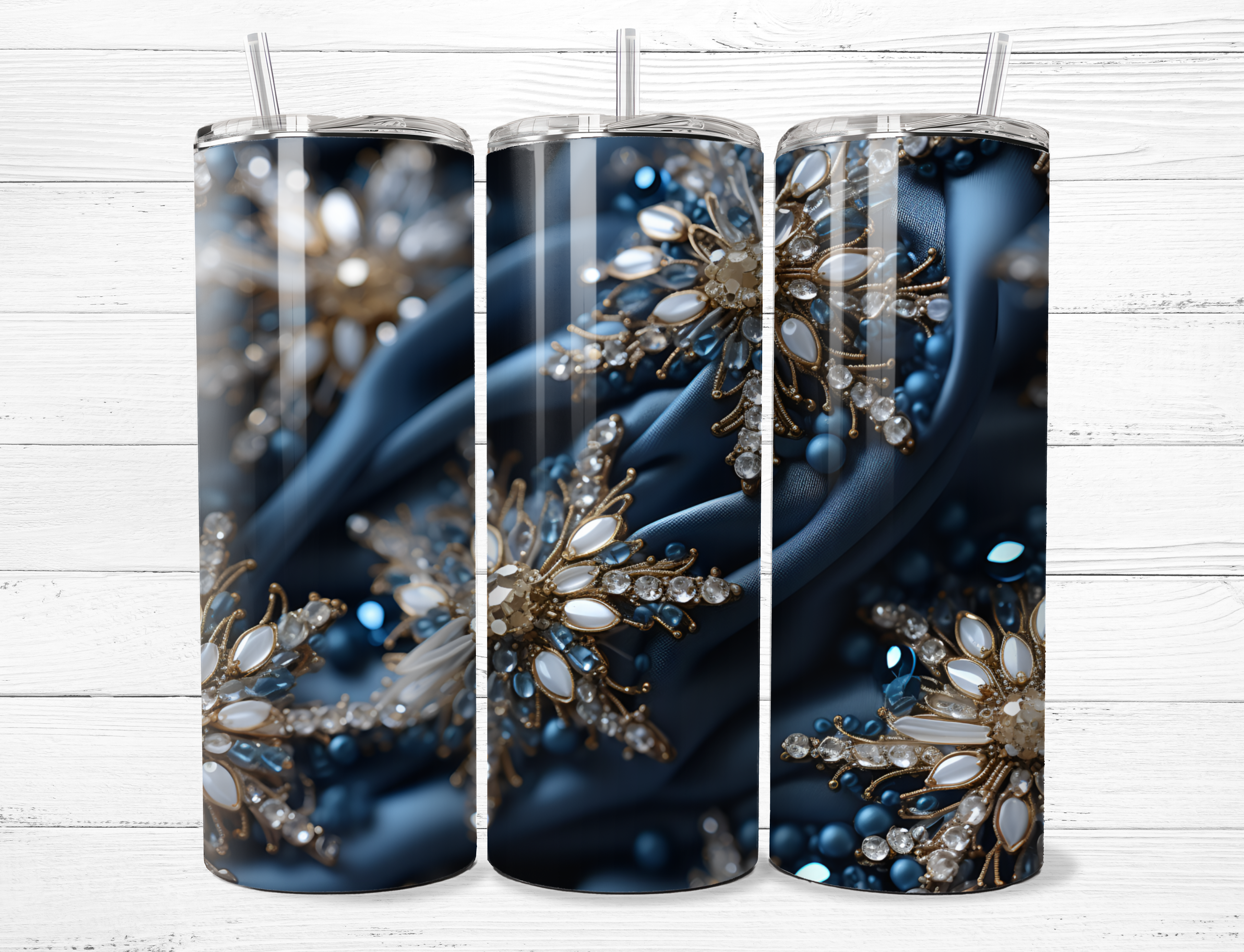 Blue Fabric with Jeweled Broach Tumbler
