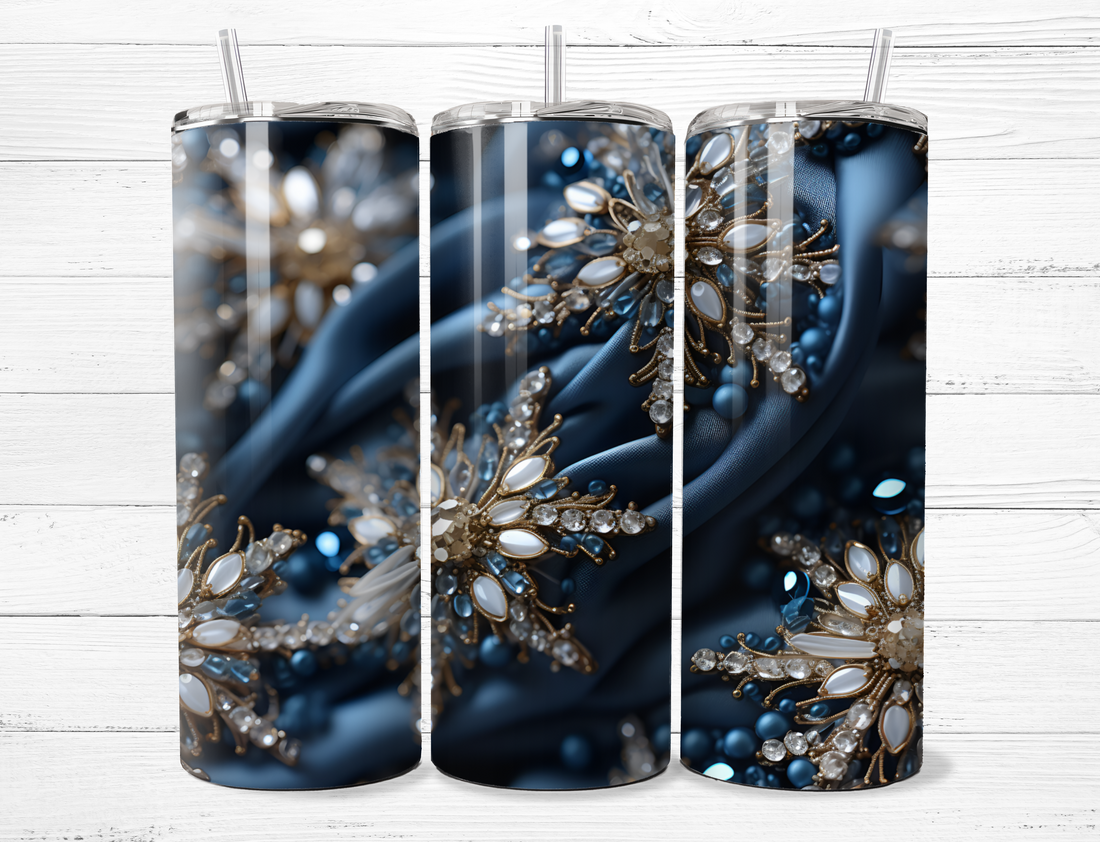 Blue Fabric with Jeweled Broach Tumbler