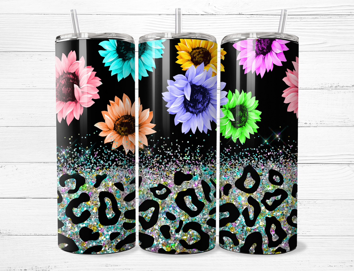 Rainbow Flowers and Glitter Leopard Tumbler