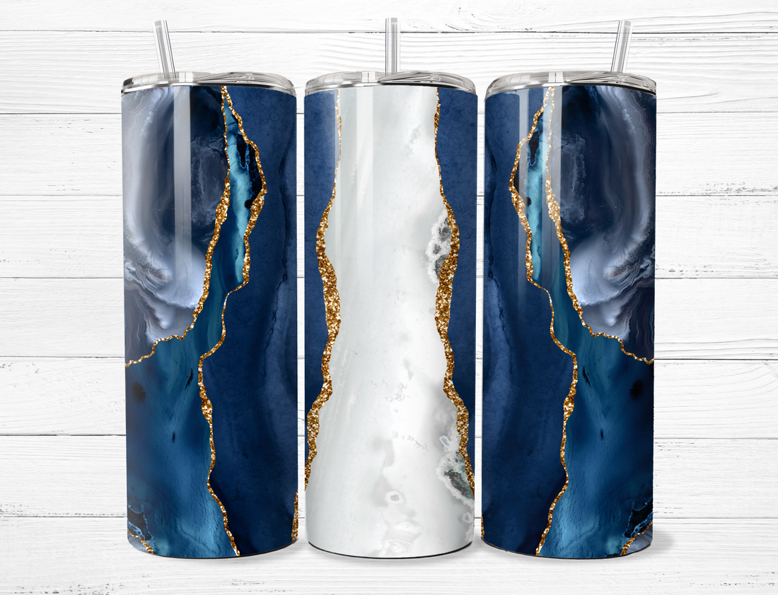 Blue, White, Gold Marble Tumbler