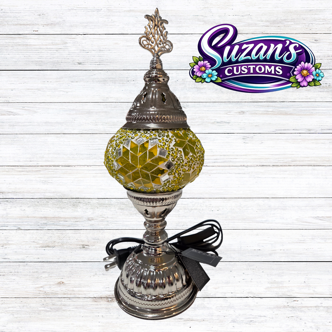 86107: 3" PRESSED MOSAIC SHADE "NIGHTLIGHT" TABLE LAMP - SIL: Yellow