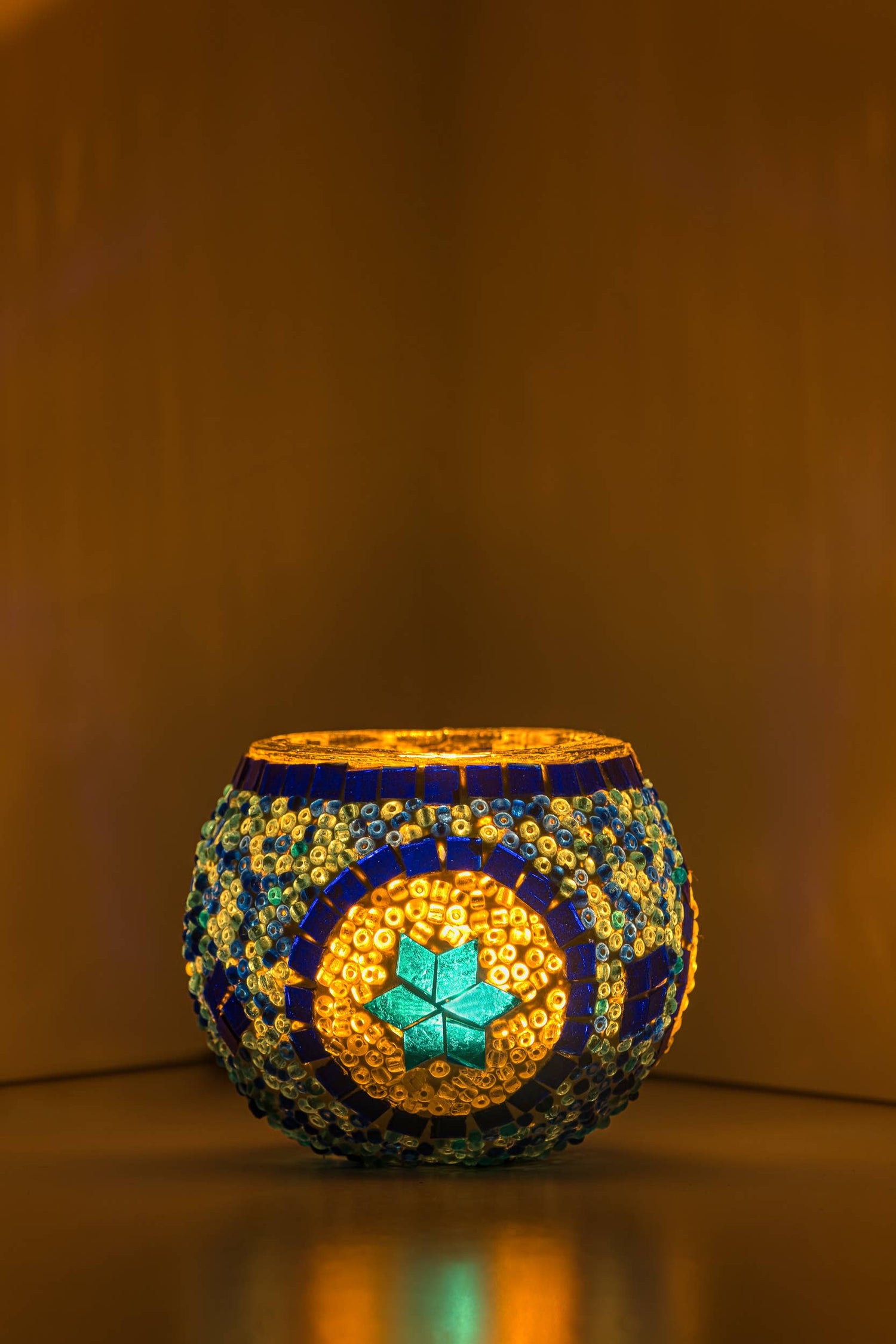 KAFTHAN Large Mosaic Glass Candle Holder: Turquoise Triple Circle