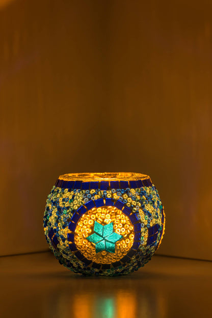 KAFTHAN Large Mosaic Glass Candle Holder: Turquoise Triple Circle