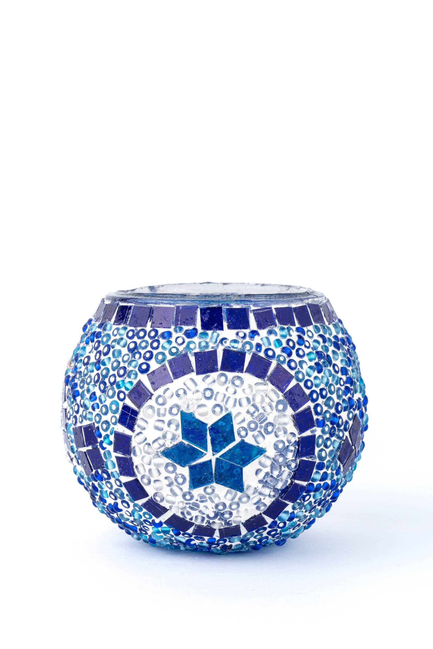 KAFTHAN Large Mosaic Glass Candle Holder: Blue Center Circle w/Star