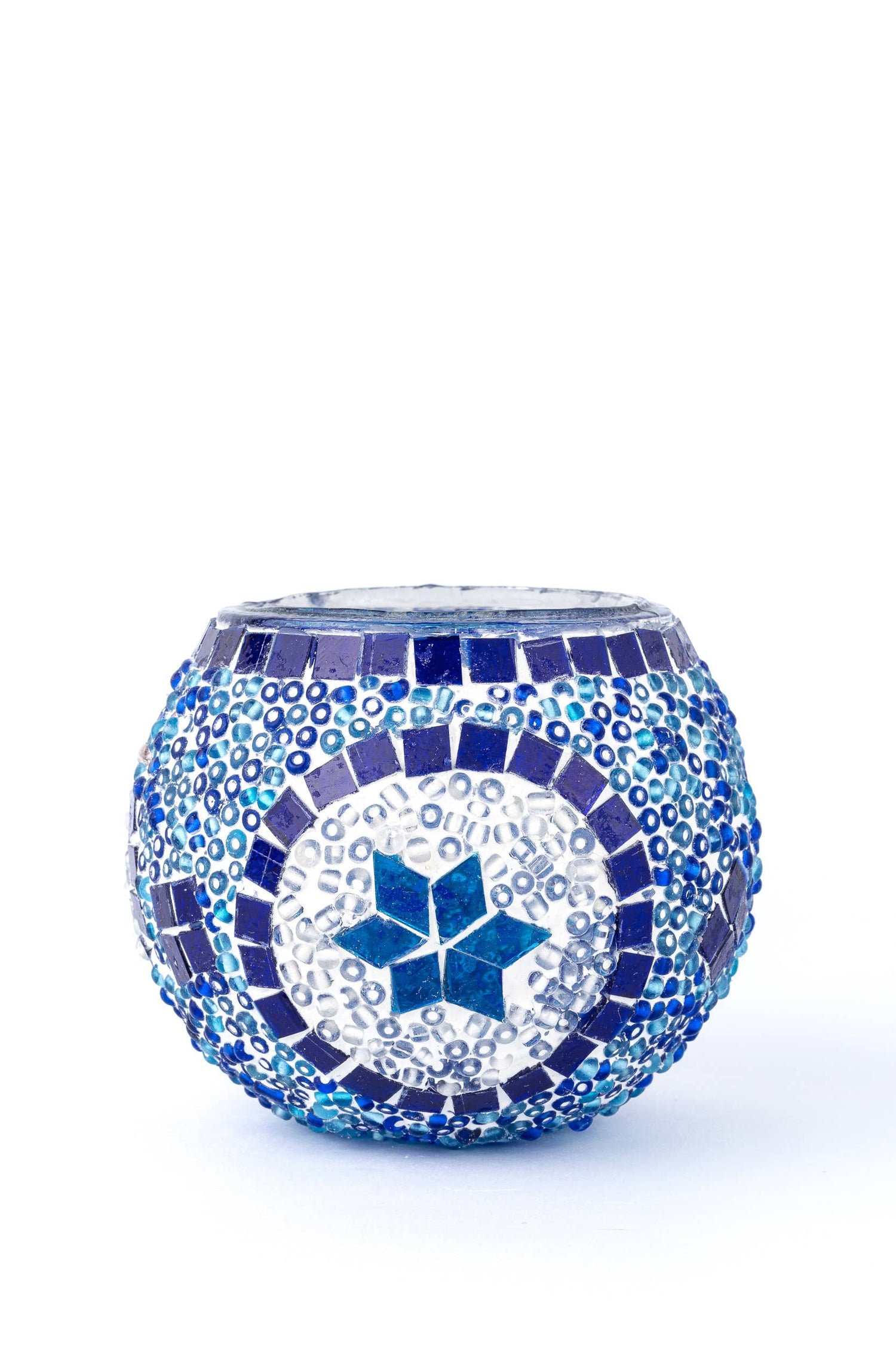 KAFTHAN Large Mosaic Glass Candle Holder: Turquoise Triple Circle