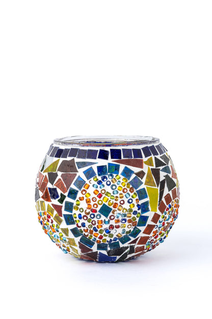 KAFTHAN Large Mosaic Glass Candle Holder: Red Triple Circle