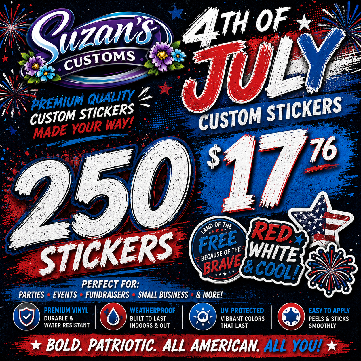 4TH Of July Sale Custom Die Cut Stickers Deal 250 for $17.76 **1 TO 3 DAY TAT FROM ARTWORK APPROVAL**